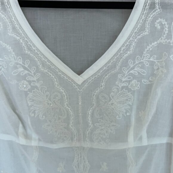 Ann Taylor Womens Top Size 4 Cream Boho Embroidered Semi Sheer V-Neck 3/4 Sleeve - Picture 3 of 11